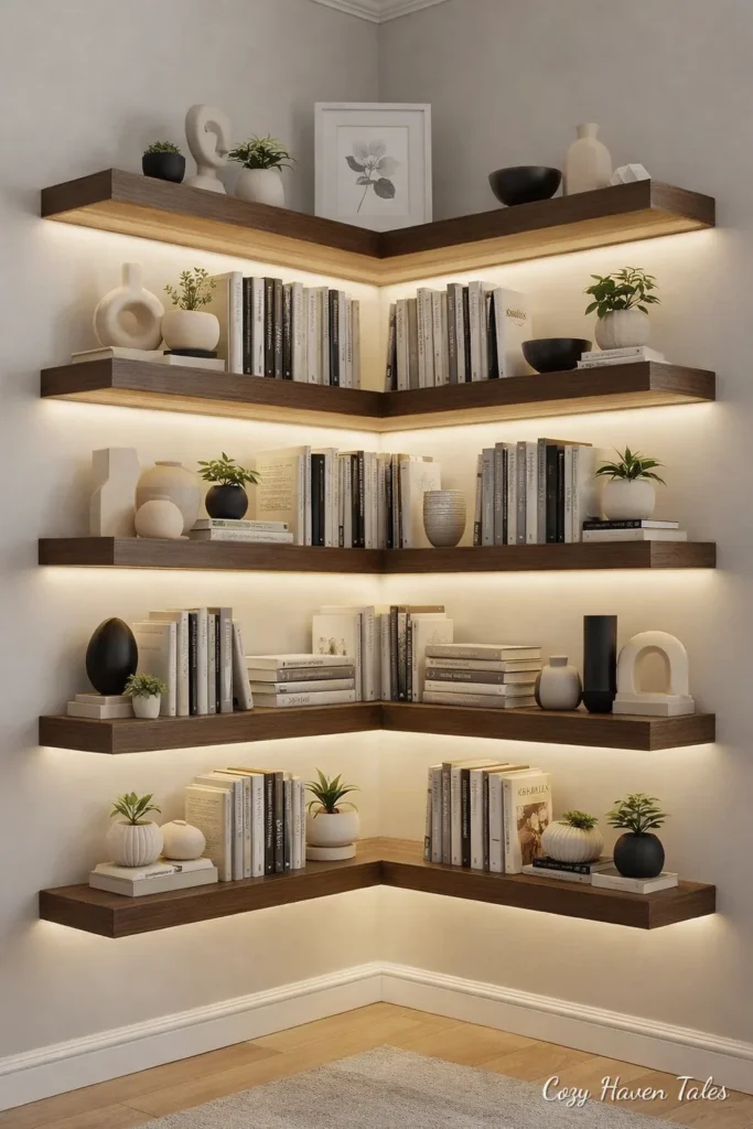LED-backlit floating corner shelves with books in a home office