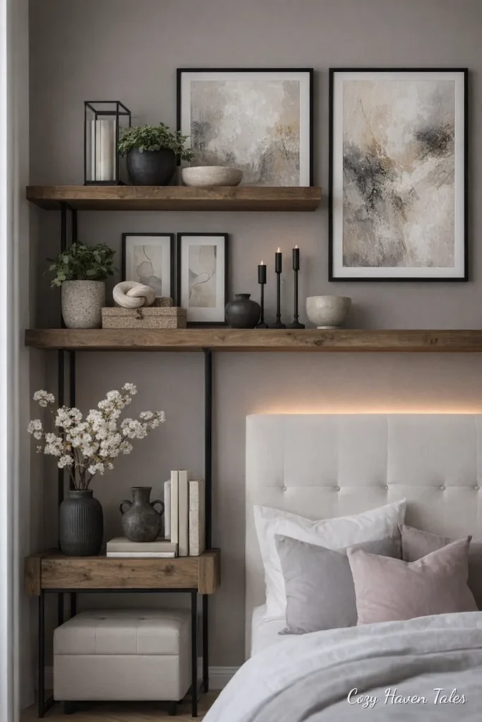 Bedroom floating shelves with framed art above a neutral bed