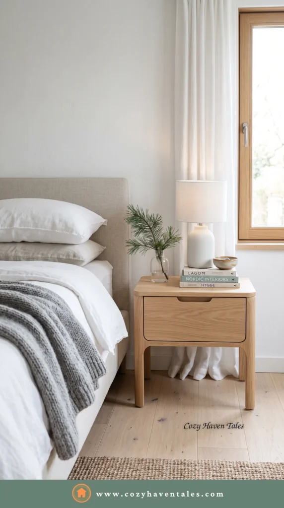 Scandinavian bedside table design idea with a light oak single-drawer nightstand, white ceramic lamp and hygge books beside crisp white linen bedding.
