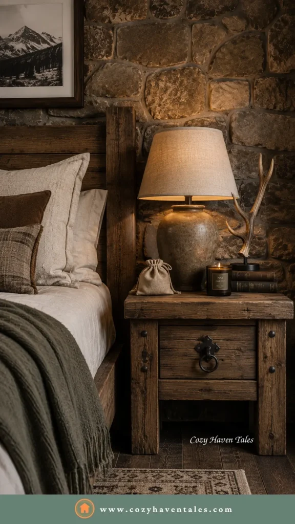 Rustic bedside table design idea with a chunky reclaimed-wood nightstand, ceramic lamp and antler accents against a natural stone wall.