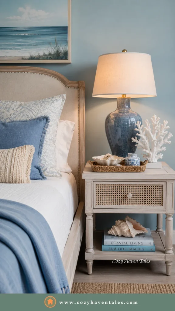 Coastal bedside table design idea with a white cane-front nightstand, blue ginger-jar lamp, coral and seashells in a breezy blue-and-white bedroom.
