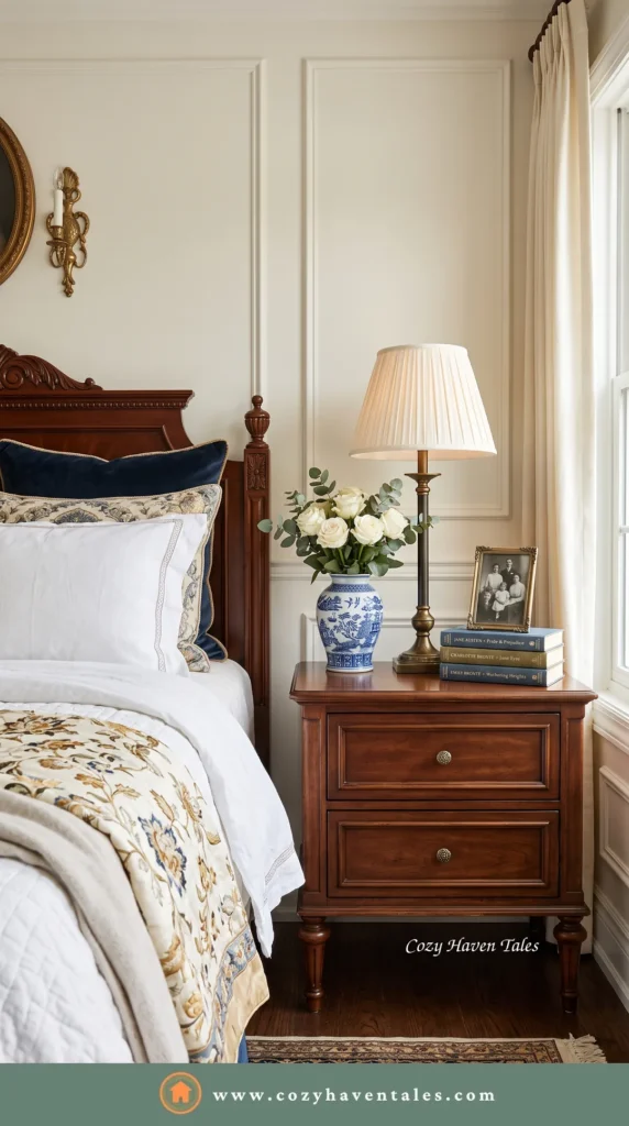 Traditional bedside table design idea with a carved mahogany nightstand, blue-and-white porcelain lamp and white roses among classic moldings.