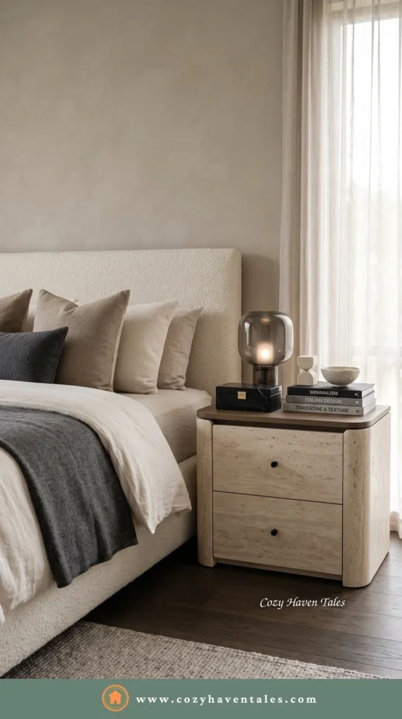 Transitional bedside table design idea with a light oak nightstand, travertine top, smoked-glass lamp and an upholstered headboard in a neutral palette.