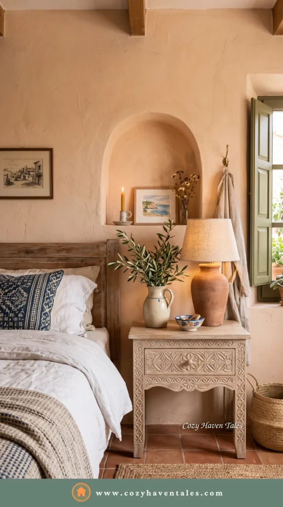 Mediterranean bedside table design idea with a whitewashed carved nightstand and a ceramic pitcher of olive branches beside an arched plaster niche.