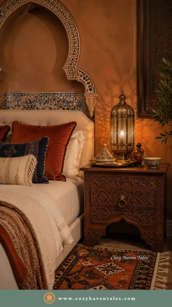 Moroccan bedside table design idea with a carved wood nightstand, pierced-metal lantern, zellige-tiled headboard and jewel-tone textiles.