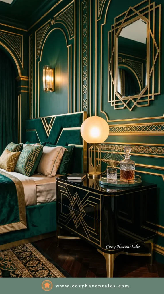 Art Deco bedside table design idea with a black-lacquer nightstand, gold geometric inlay, a globe lamp and emerald walls with a sunburst mirror.