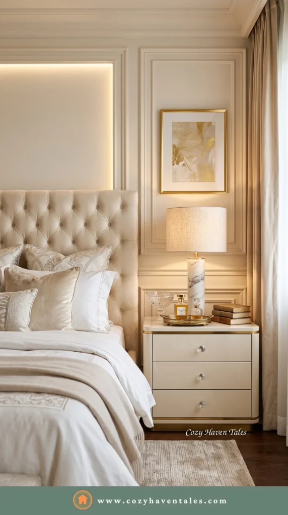 Classic luxury bedside table design idea with a cream lacquer nightstand, crystal knobs, marble lamp and a tufted headboard in an elegant cream suite.