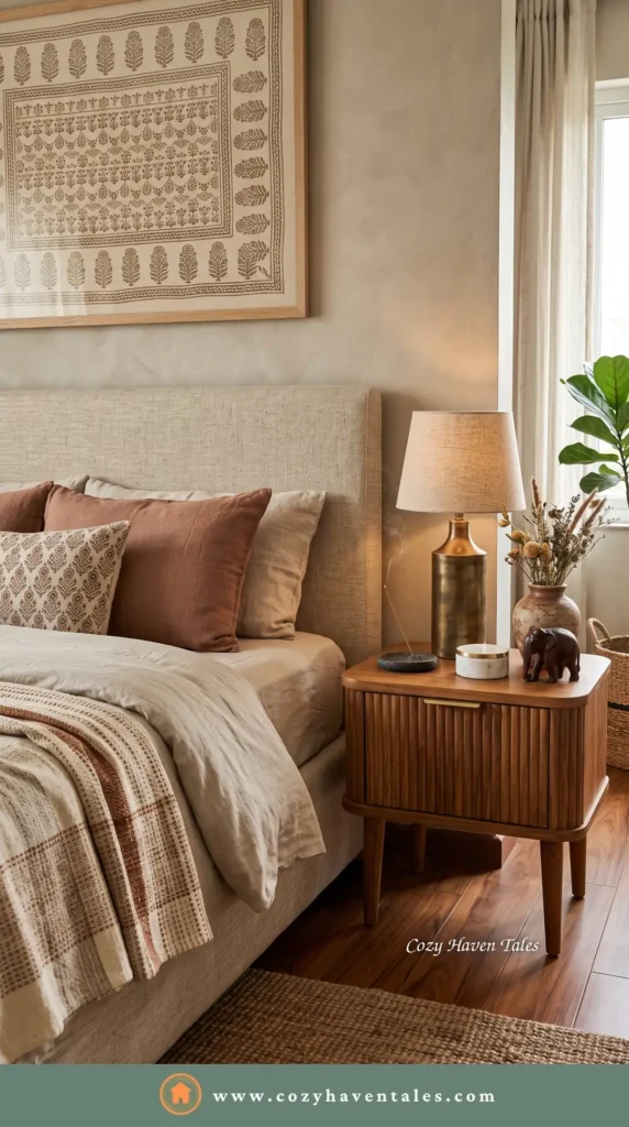 Indian contemporary bedside table design idea with a fluted walnut nightstand, brass lamp, block-print art and a carved elephant in earthy tones.