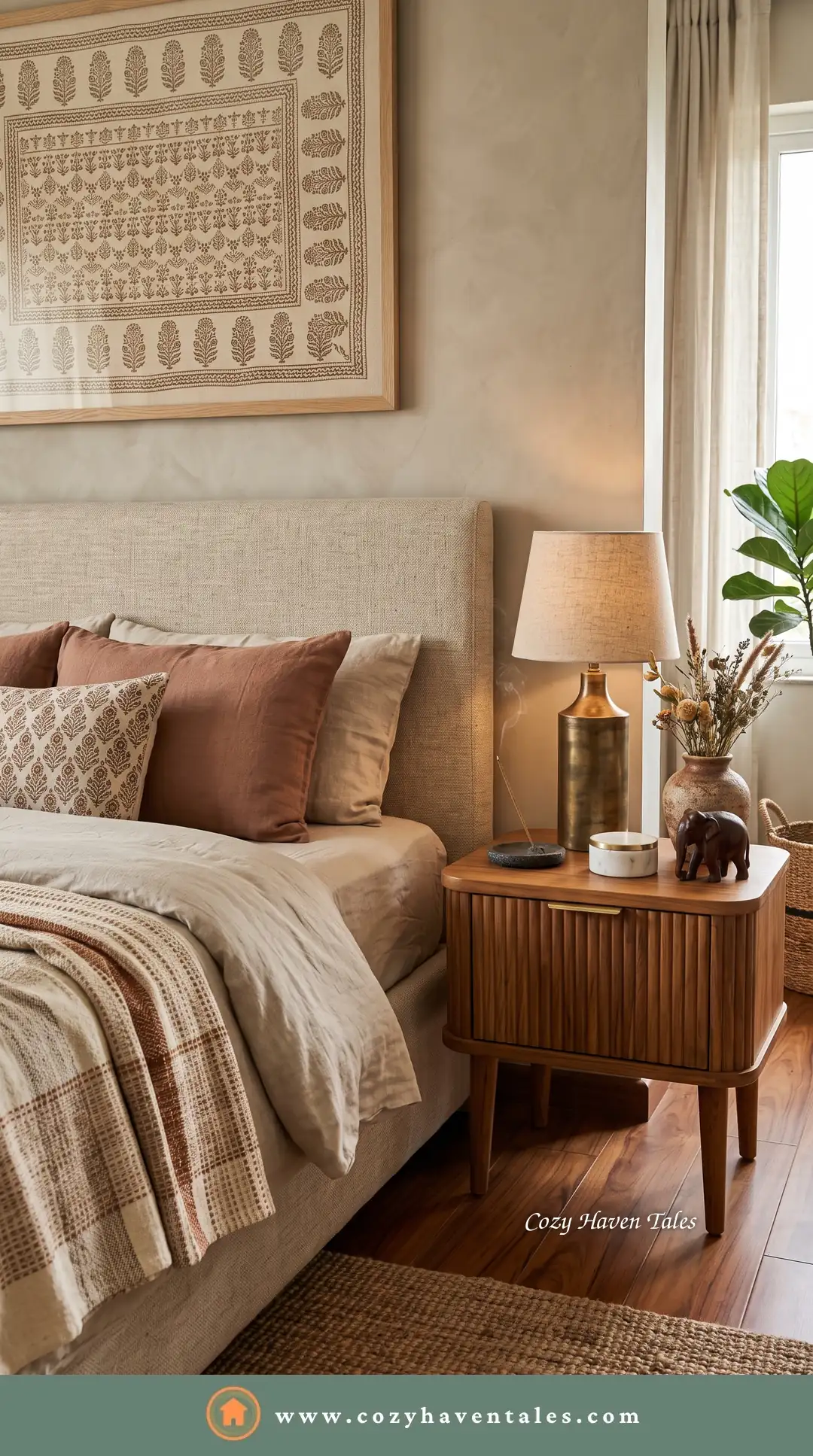 Indian contemporary bedside table design idea with a fluted walnut nightstand, brass lamp, block-print art and a carved elephant in earthy tones.