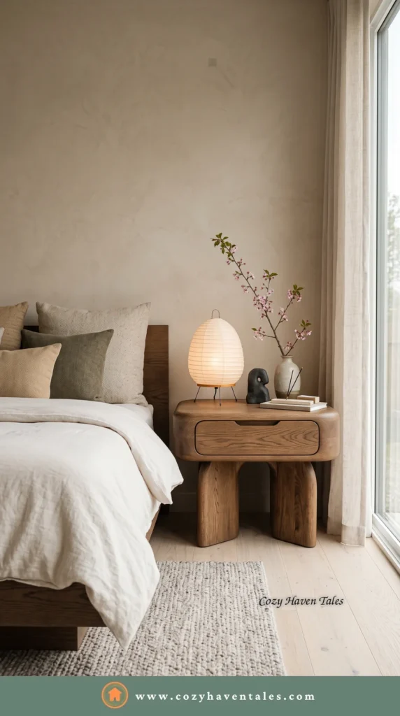 Japandi bedside table design idea with a round-top oak nightstand, white paper lamp and a cherry-blossom branch in a serene neutral bedroom.