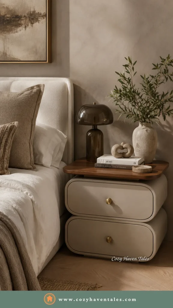Contemporary modern bedside table design idea with a curved cream nightstand, walnut top, smoked-glass dome lamp and an olive branch against warm greige walls.