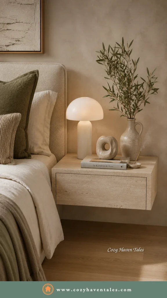 Minimalist bedside table design idea with a floating travertine nightstand, white dome lamp and olive stems in a soft beige plaster bedroom.