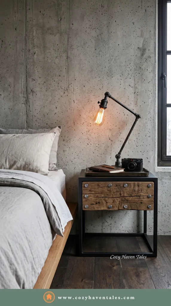 Industrial bedside table design idea with a black metal and reclaimed-wood nightstand and an Edison-bulb task lamp against a raw concrete wall.