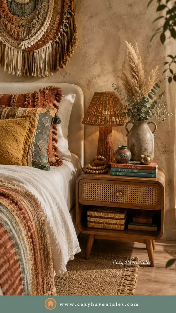 Boho bedside table design idea with a distressed cream nightstand, woven rattan lamp and wildflowers layered over macrame and natural textures.