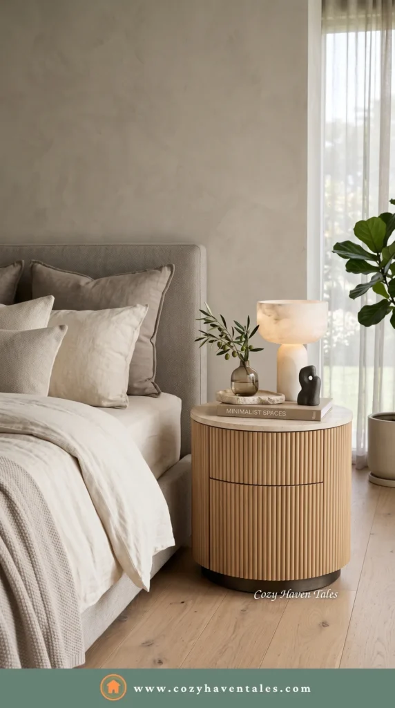 Organic modern bedside table design idea with a round fluted-wood nightstand, travertine top, sculptural lamp and an olive branch by a plaster wall.