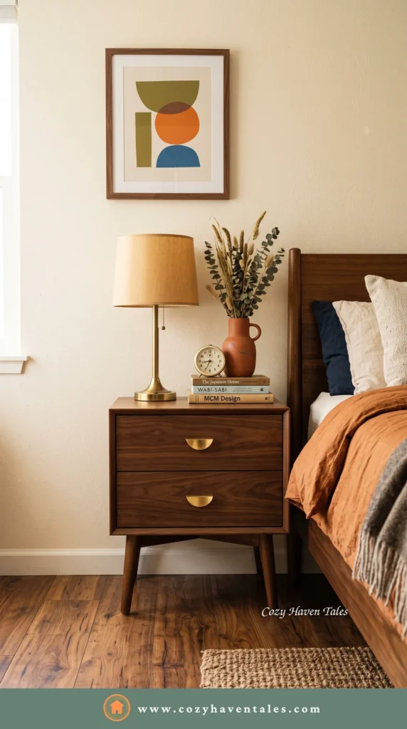 Mid-century modern bedside table design idea with a walnut tapered-leg nightstand, brass lamp, abstract art and a terracotta vase.