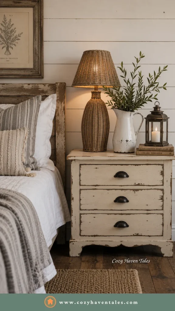 Farmhouse bedside table design idea with a distressed white nightstand, cup-pull drawers, woven lamp and olive greenery against shiplap.