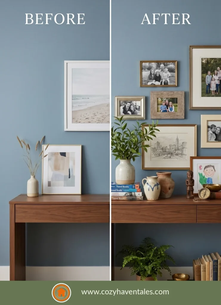 Blue accent wall with a console table and layered decor in a living space
