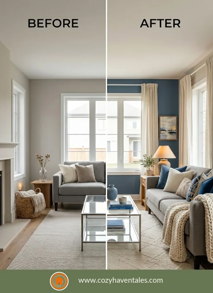 Before and after of a blue-accented living room styled to look custom