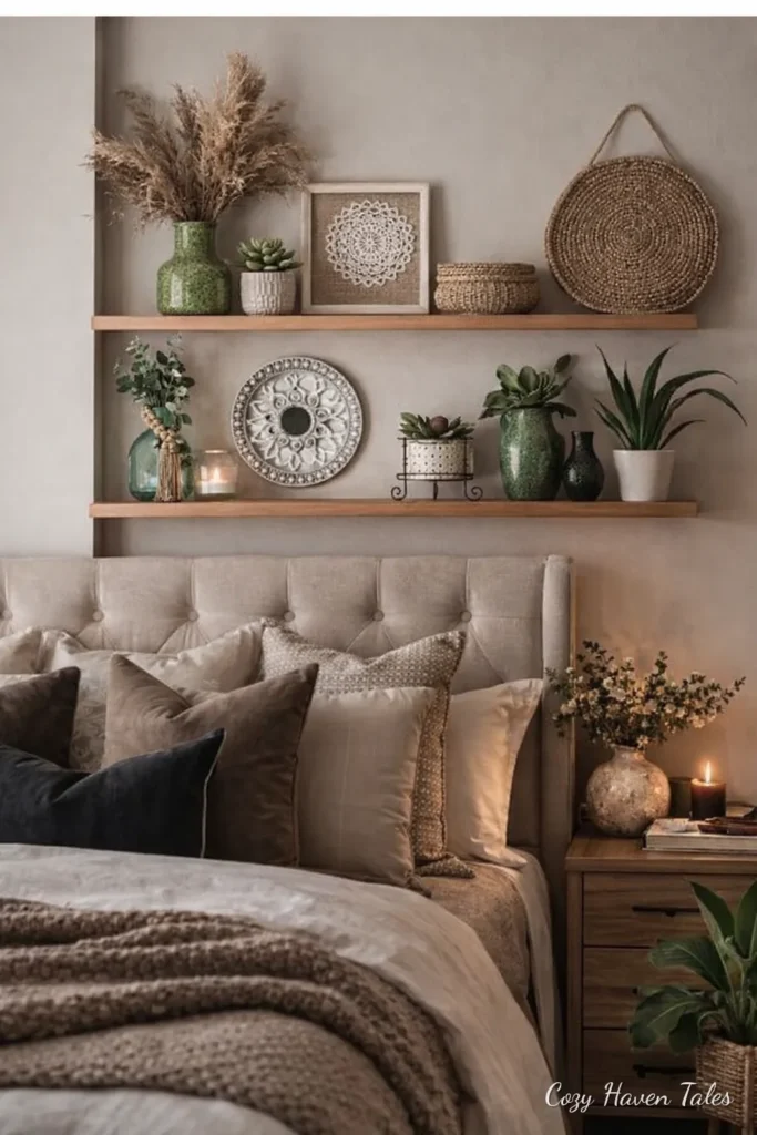 Bedroom wood shelves with woven baskets, plants and natural decor