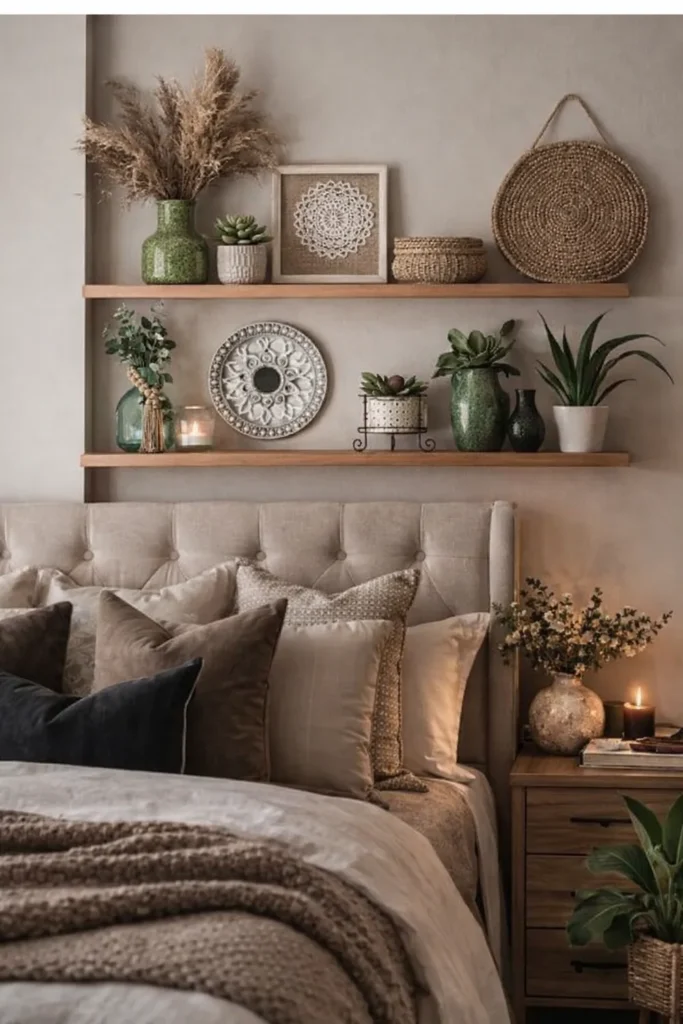 Bedroom wood shelves with woven baskets, plants and natural decor