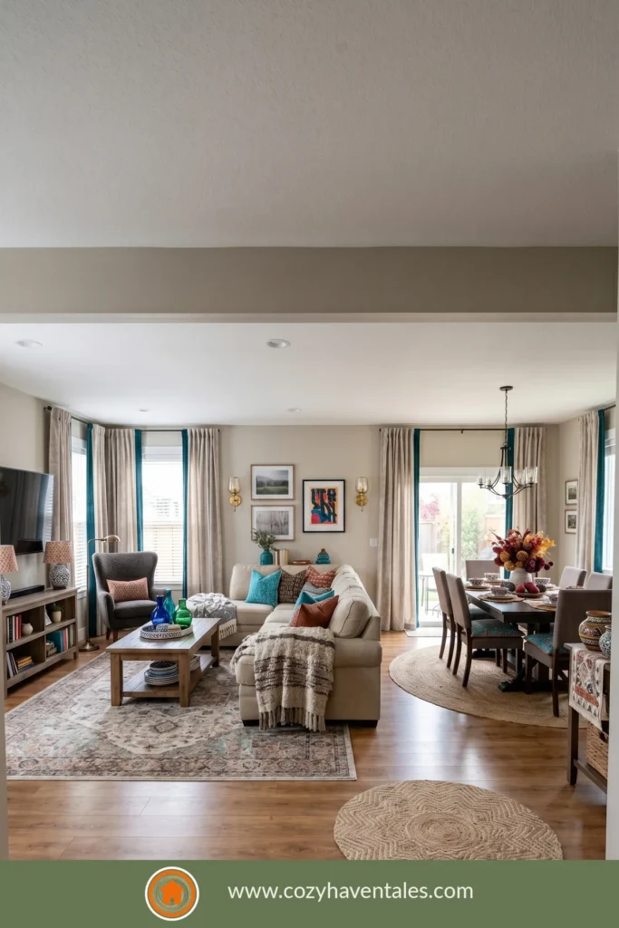 Boho open-plan living and dining room with natural textures and plants