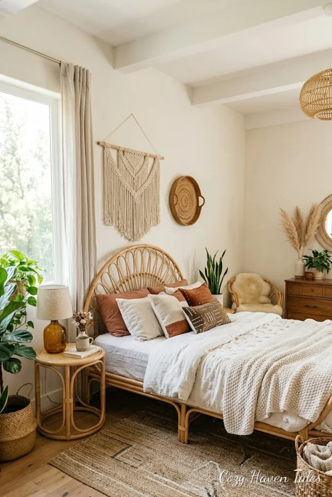 Boho bedroom with a natural rattan headboard, macrame wall hanging and plants