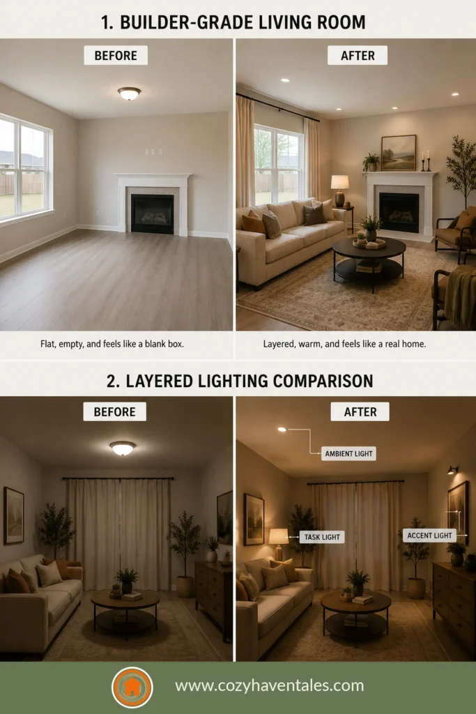 Before and after of a builder-grade living room made to look custom with layered decor and lighting