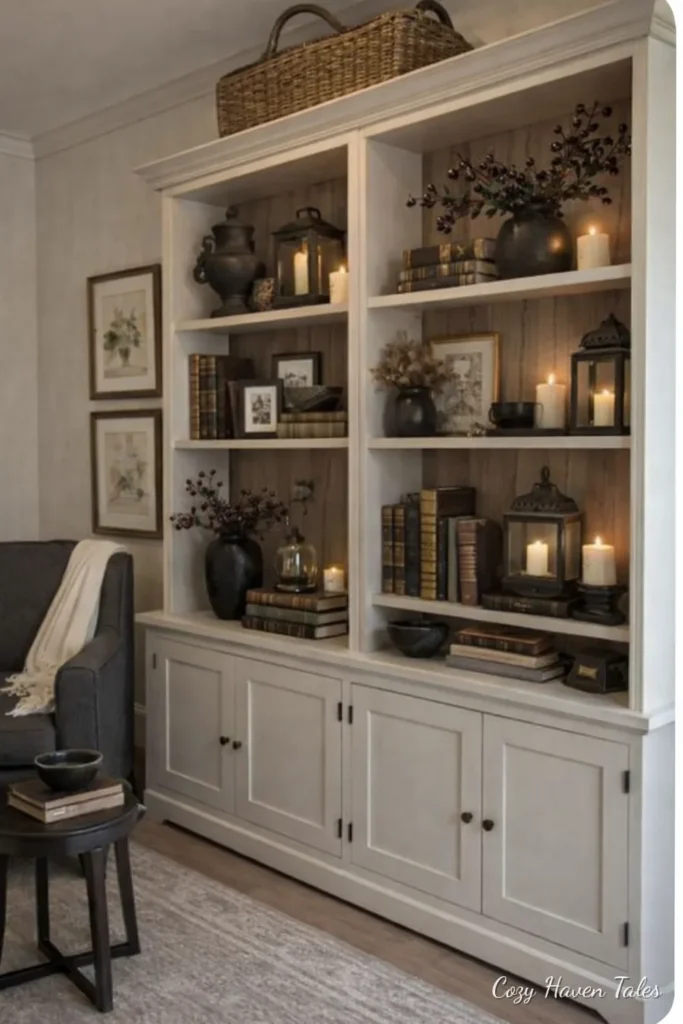 White built-in open shelving with cabinets and decor in a living room