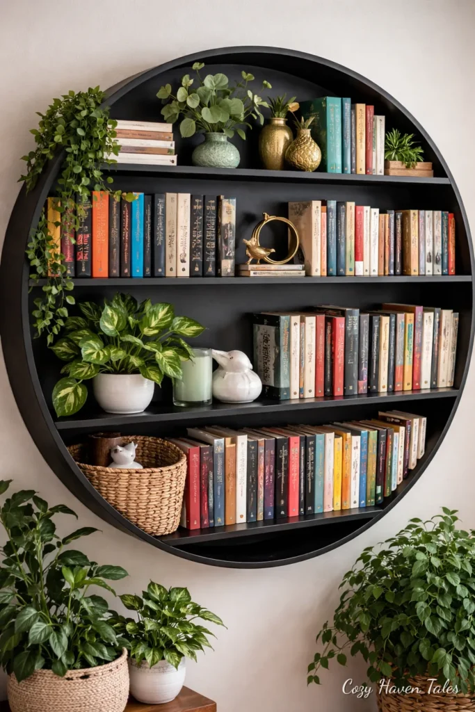 Round circular wall shelf filled with books and plants