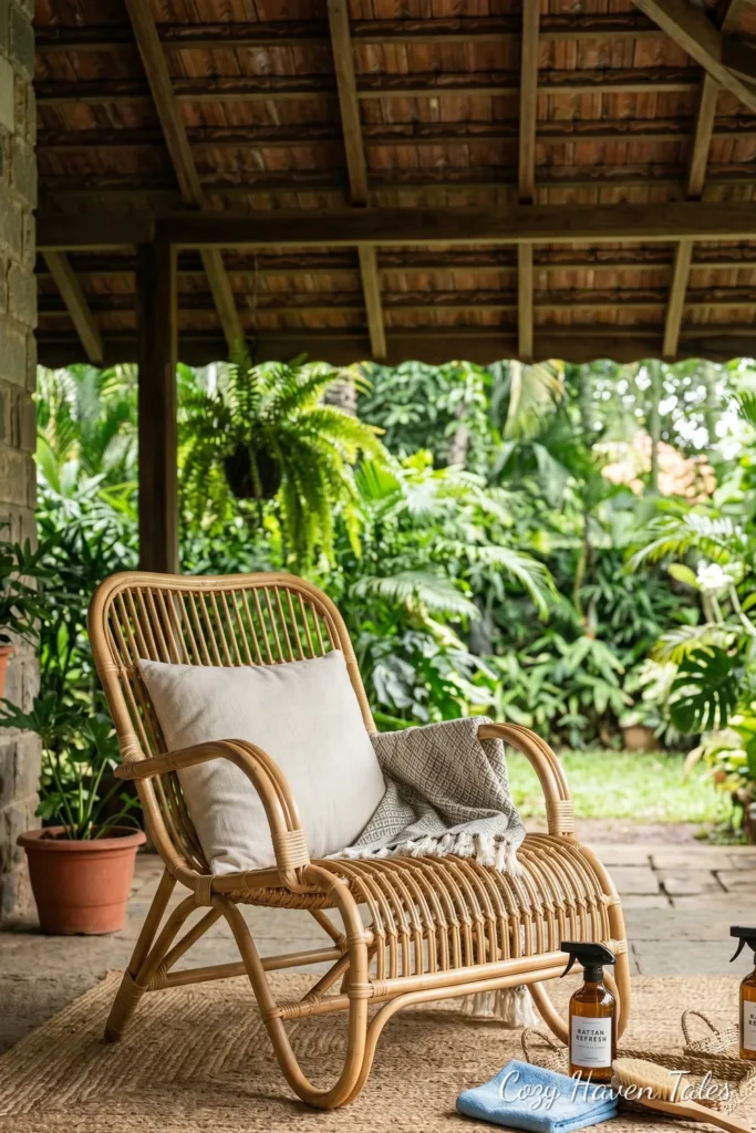 Natural rattan chair on a covered patio with cleaning spray, cloth and a soft brush