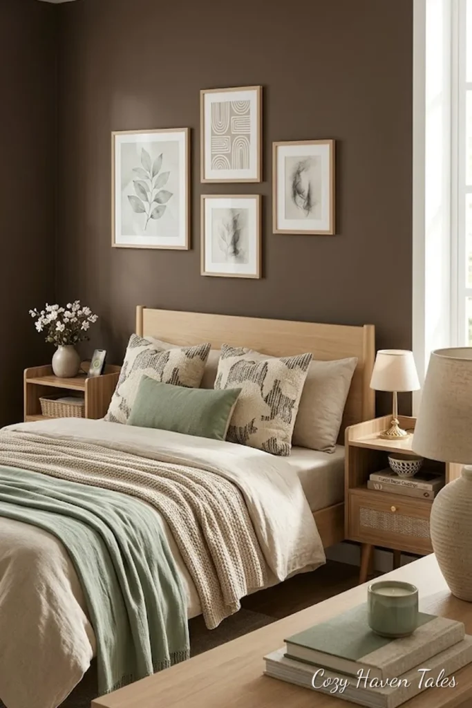 Cozy bedroom with a dark accent wall, green and cream bedding and a woven bench