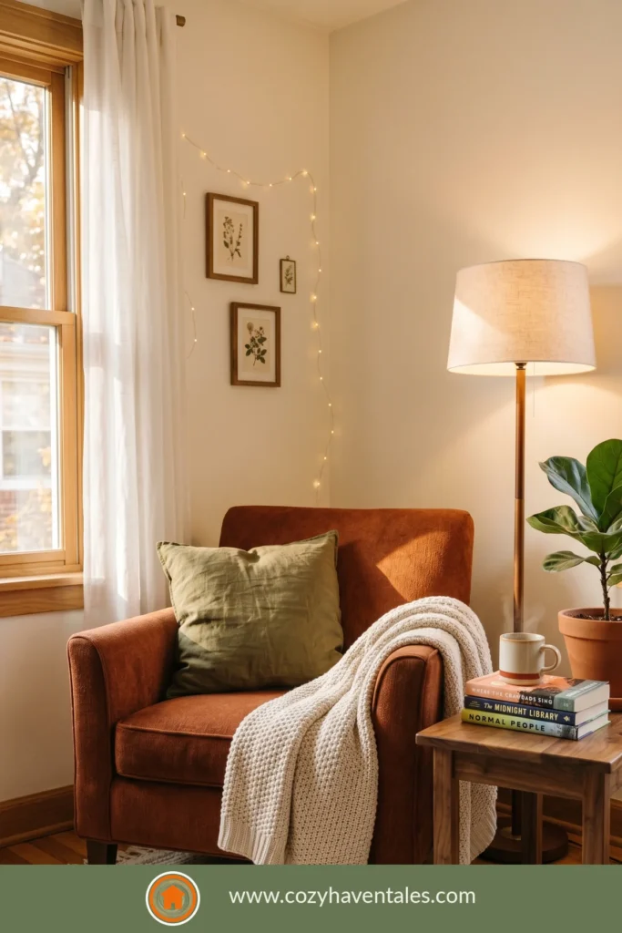 Cozy reading nook corner with armchair, lamp and books in a builder home