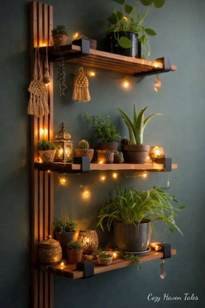 Rustic copper and wood floating shelves with fairy lights and plants
