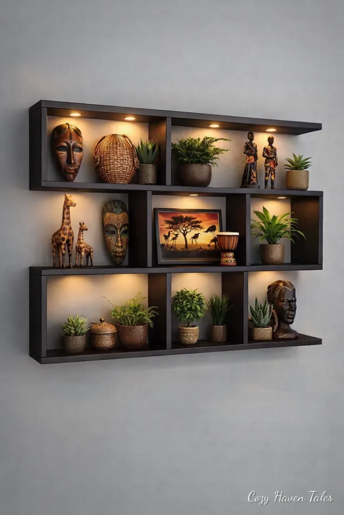 Dark grid wall shelf displaying decor objects and small plants
