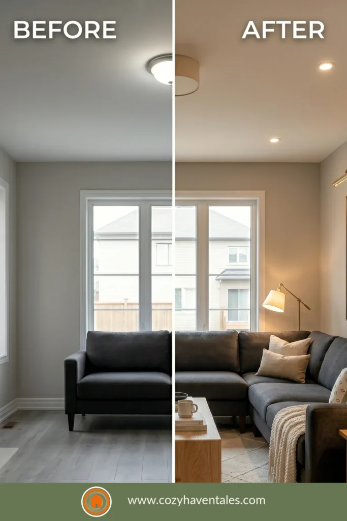 Living room with a dark sectional sofa styled for a high-end custom look