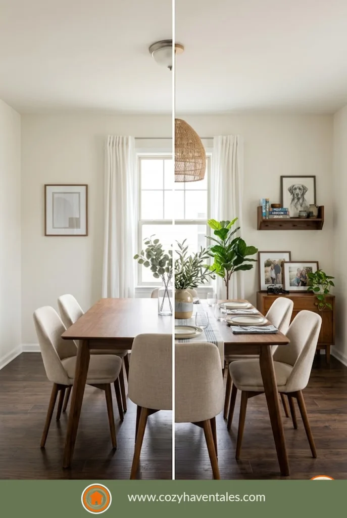 Before and after of a builder-grade dining room styled to look custom