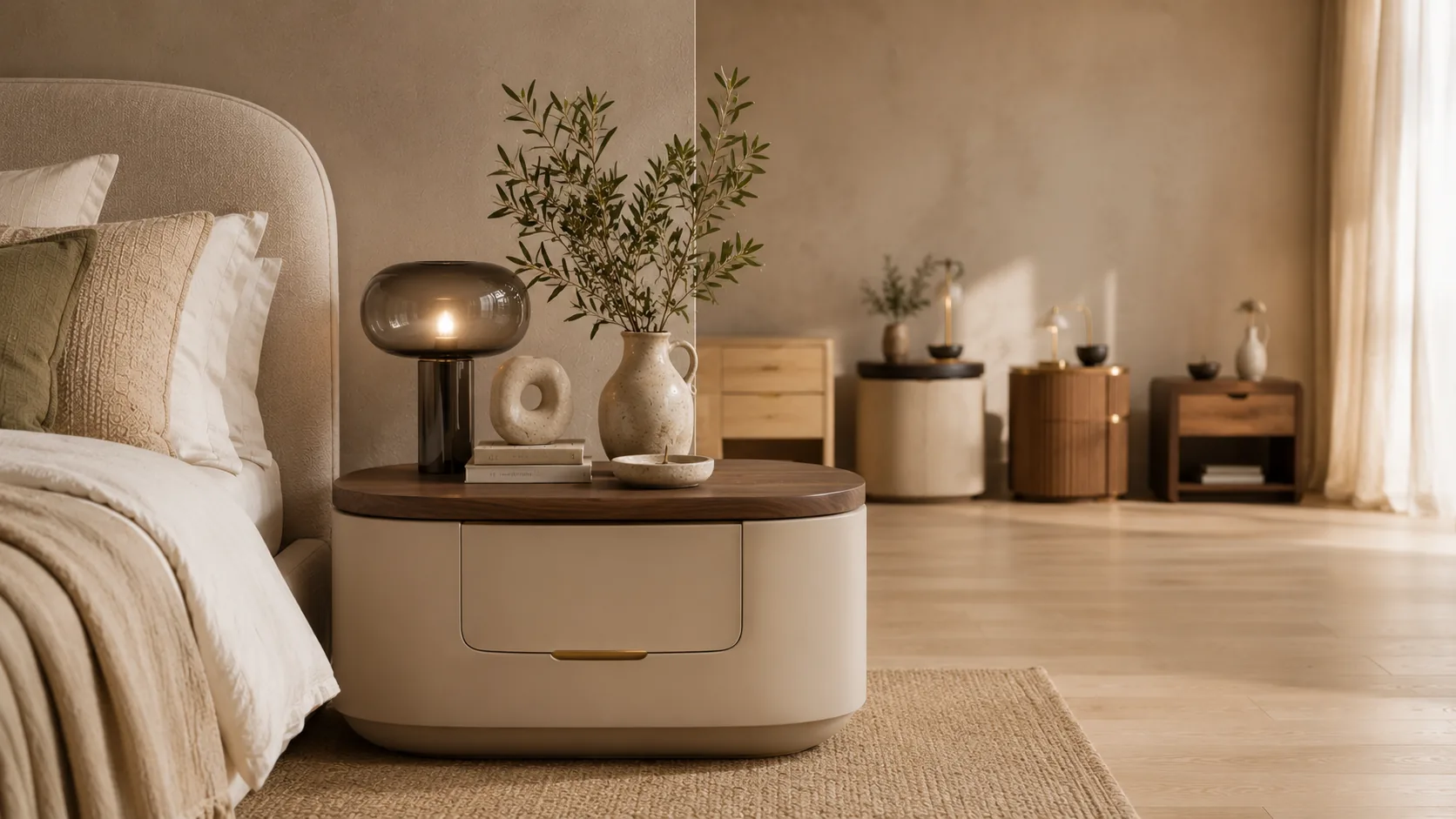 18 bedside table design ideas featuring modern, Japandi, boho and luxury nightstand styles in a beautifully designed bedroom