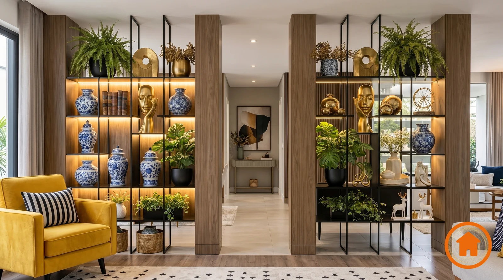 Modern open shelving room divider with decorative vases, plants, lighting and wood finishes