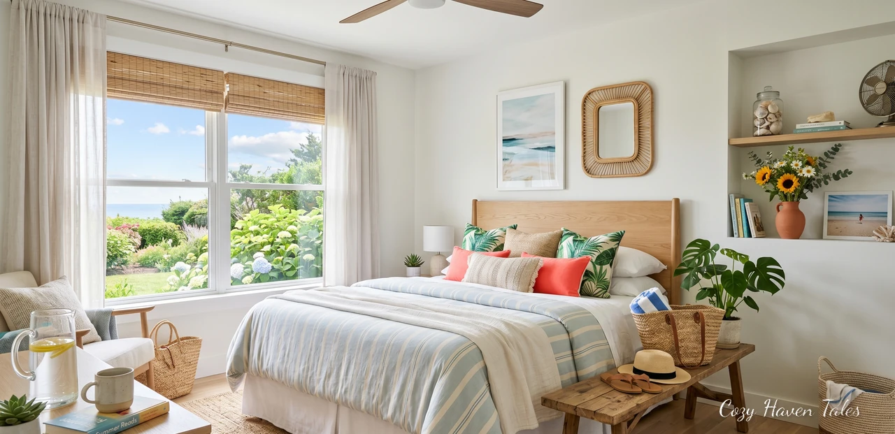 Bright summer bedroom with striped bedding, woven textures, tropical pillows, large windows, and coastal-inspired decor.