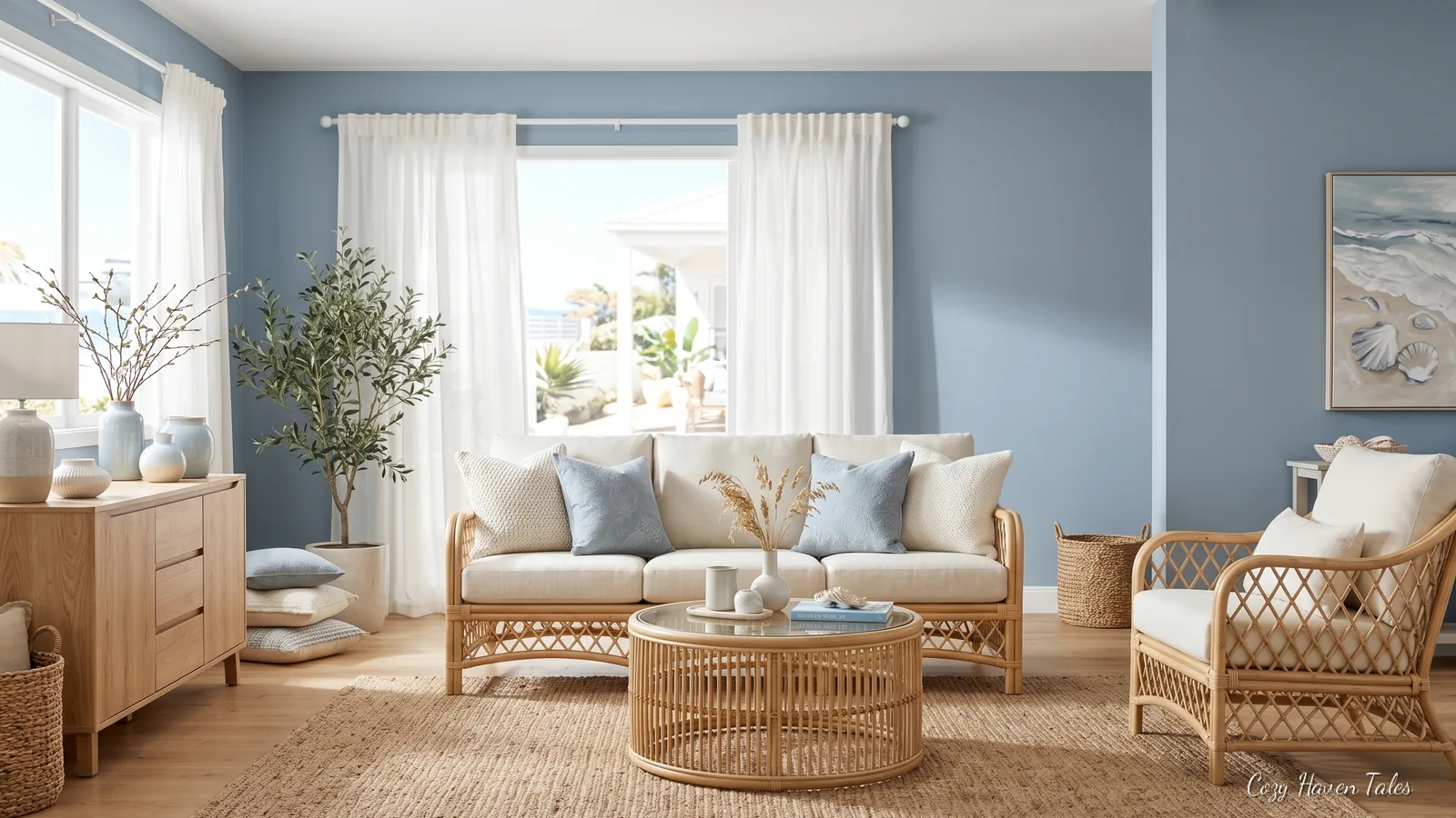 Bright coastal living room with a natural rattan sofa, armchair and round rattan coffee table