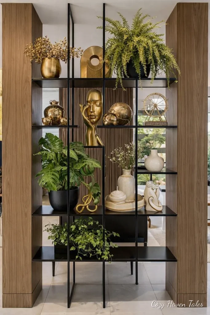 Black metal open shelving used as a room divider with gold decor