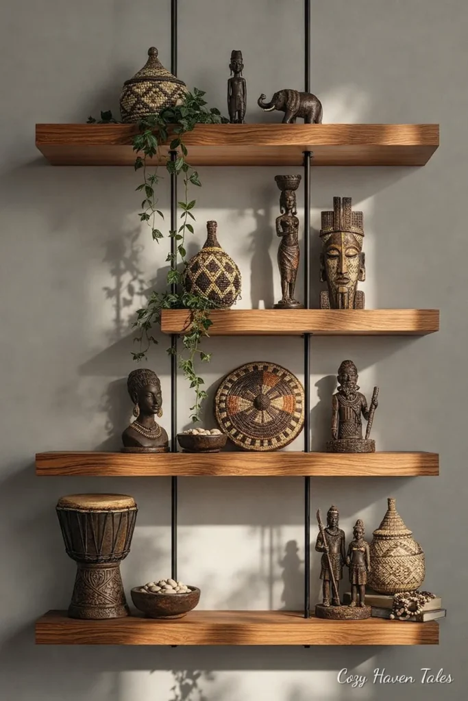 Floating shelves with hanging plants and eclectic global decor