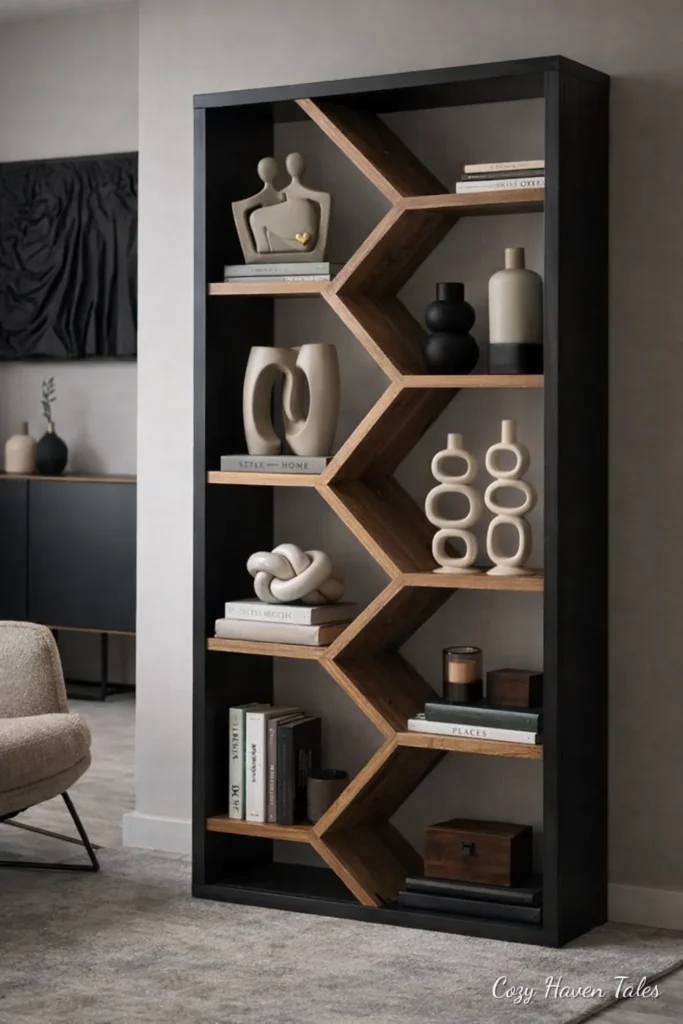 Black hexagonal geometric bookshelf with white decor objects