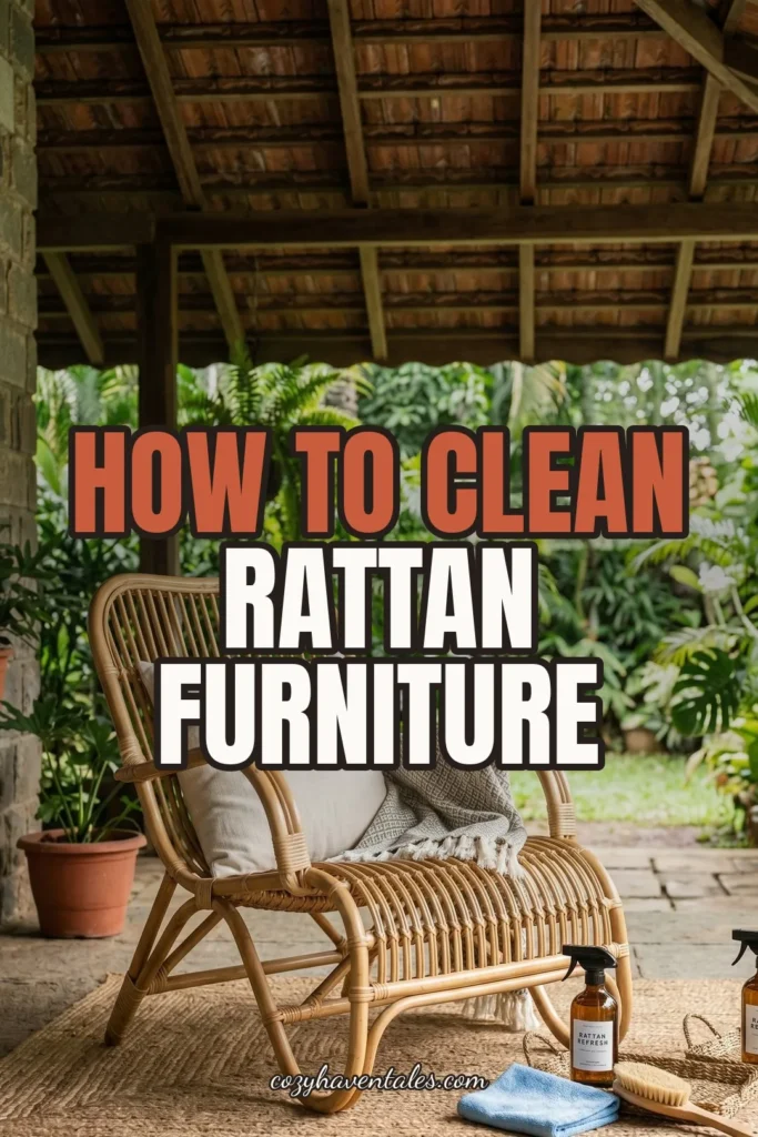 Natural rattan chair on a patio with the text "How to clean rattan furniture"