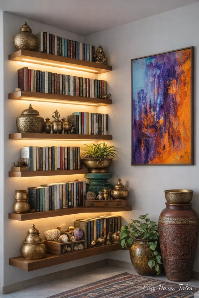 Corner wood open shelves styled with books, pottery and wall art