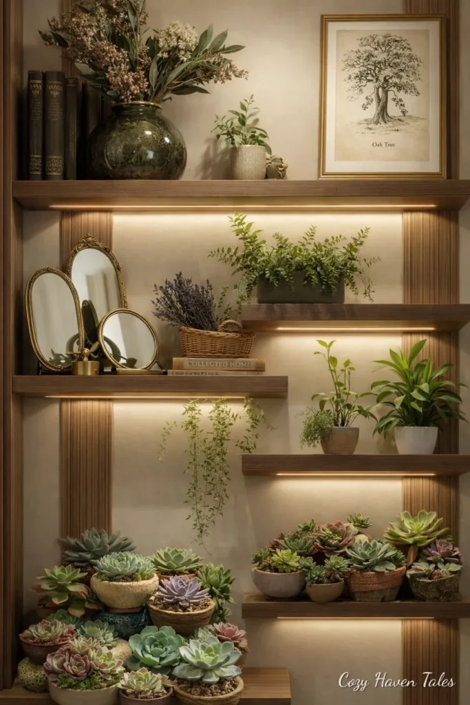 Illuminated open shelving packed with plants and succulents