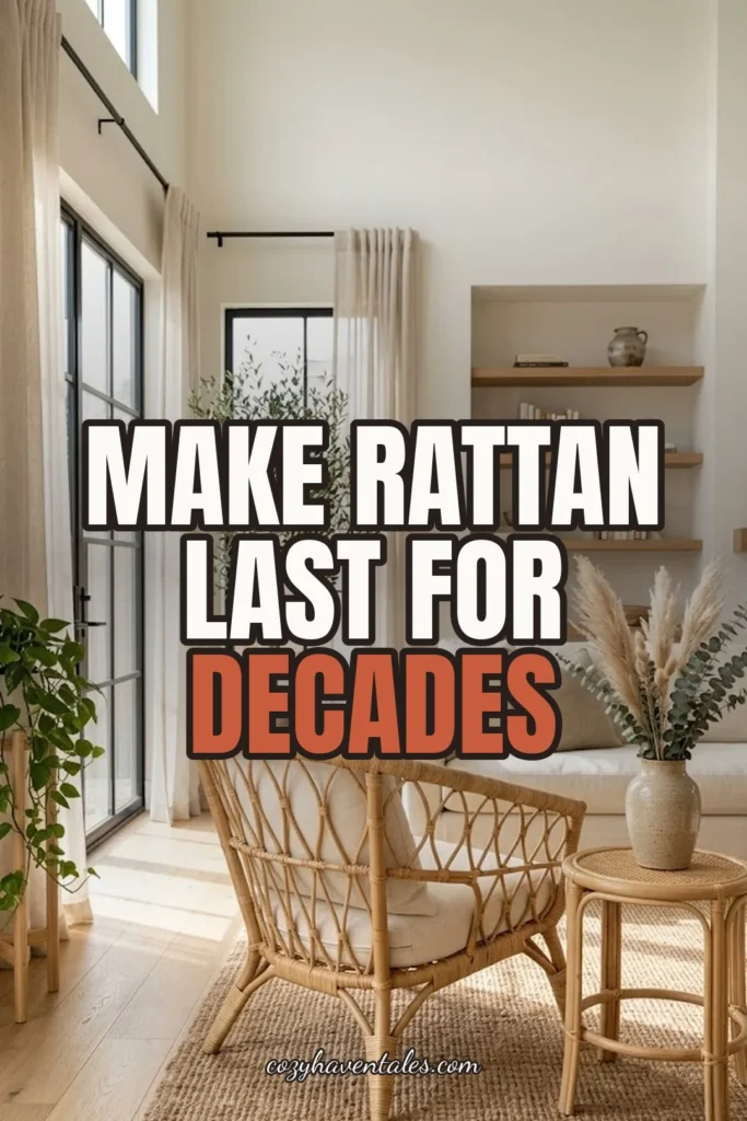 Rattan armchair in a bright living room with the text "Make rattan last for decades"