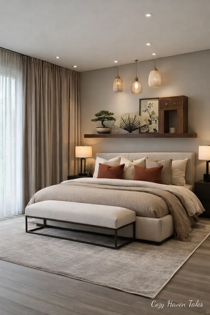 Floating shelves above a bed with warm lighting and cozy decor