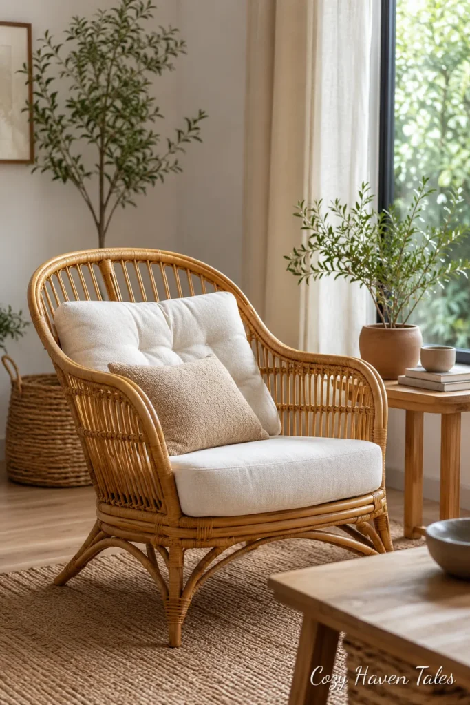 Natural rattan armchair with cream cushions beside a plant in a sunlit living room